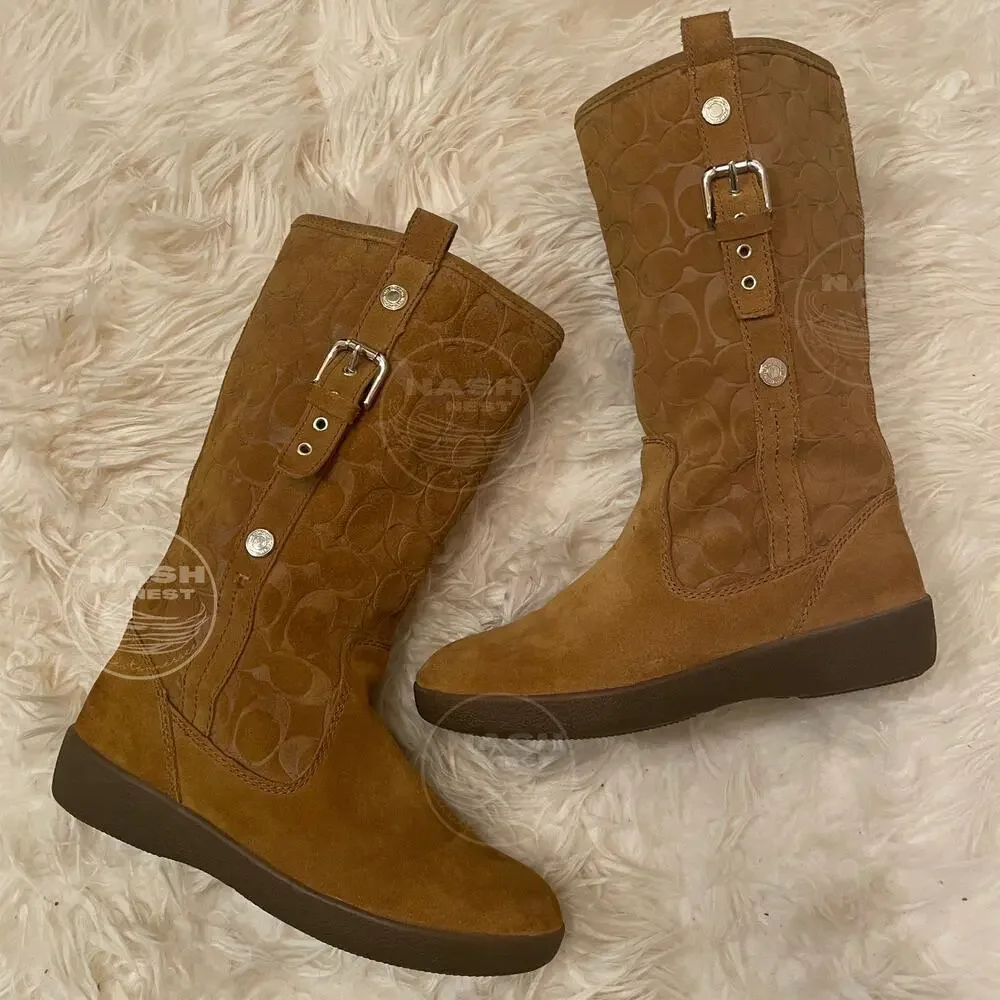 Coach Tulip Tullip Boots 8.5 | Honey Tan Suede Leather Fur, Signature C Embossed